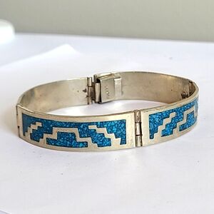 Vintage Boho Mexico Alpaca Silver Turquoise Mosaic Inlay Bangle Bracelet 7.5"